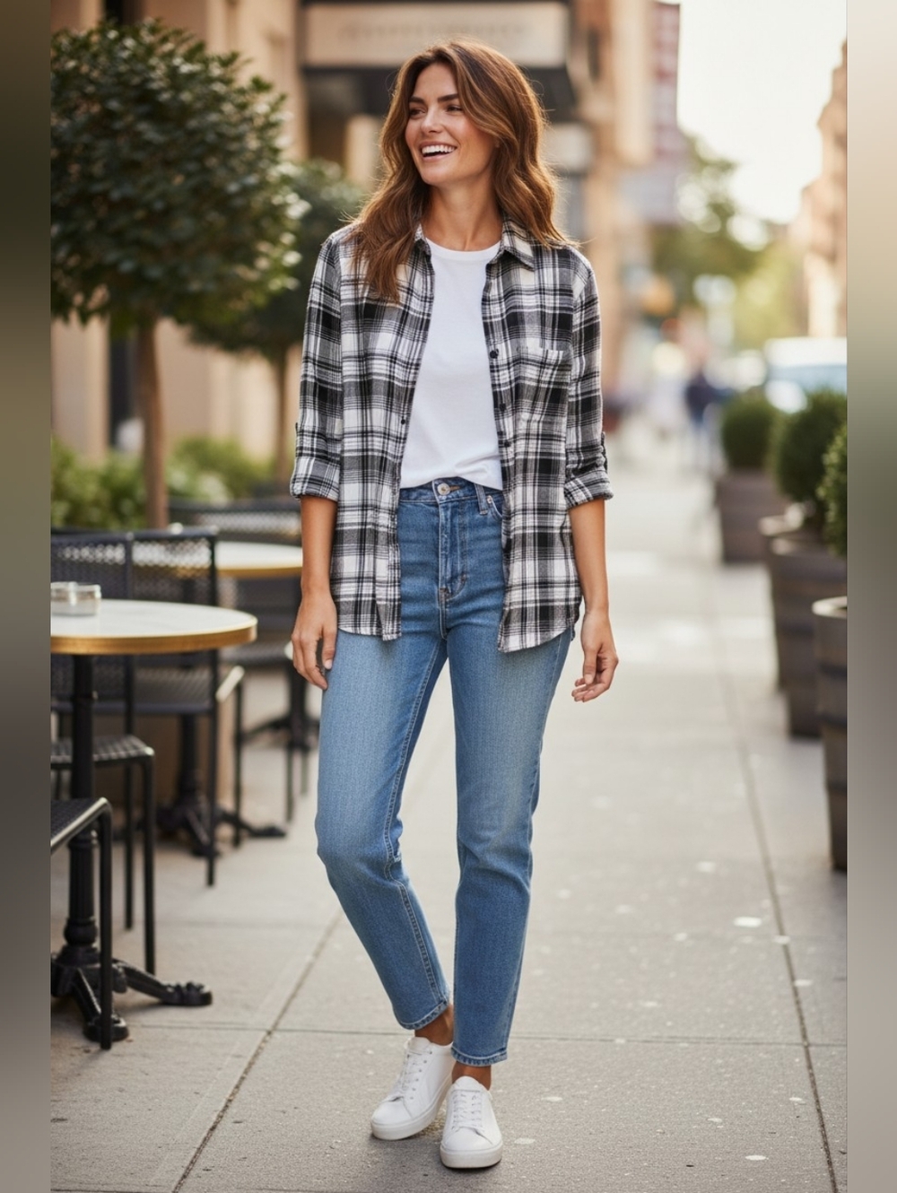 Alice + Olivia Black and White Plaid Button-Down Shirt